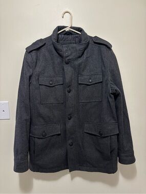Guess Men's Wool Blend Military Utility Jacket / Pea Coat - Charcoal Grey
